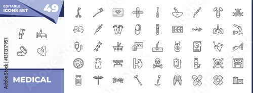 outline icons set - medical concept. vector icons included crutches couple, illness on bed and more.