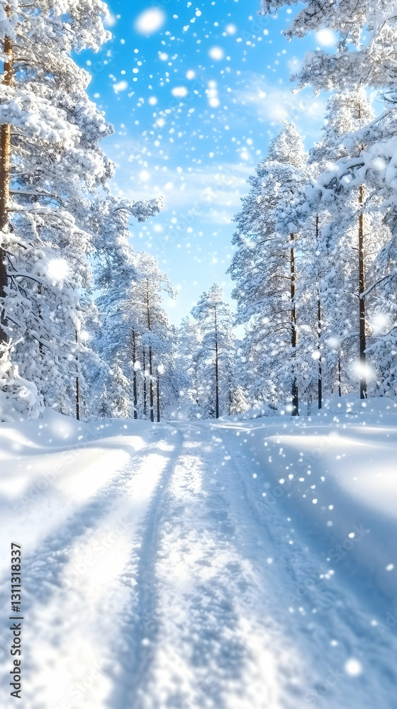 Naklejka premium Snowflakes falling on path in snowy forest with blue sky shining through
