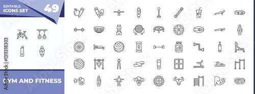outline icons set - gym and fitness concept. vector icons included riding bicycle, gymnastic rings and more.