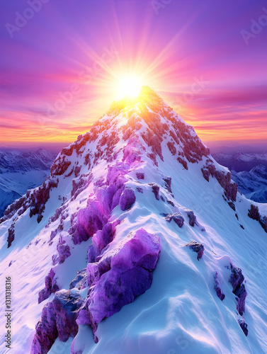 Snowy mountain peak at sunrise. Purple rock path leading up, pink and blue sky