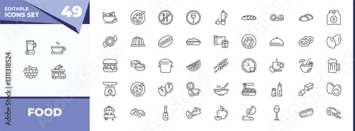 outline icons set - food concept. vector icons included blend, coffee cup with steam and more.