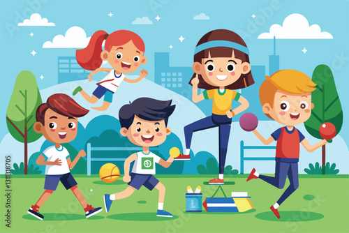 A group of kids enjoy various sports activities outdoors in a vibrant park during a sunny day, Physical education Customizable Cartoon Illustration