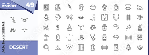 outline icons set - desert concept. vector icons included crotalus, fennec and more.