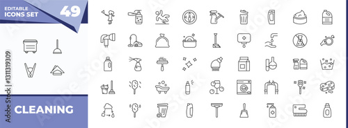 outline icons set - cleaning concept. vector icons included dumpster, mop and more.