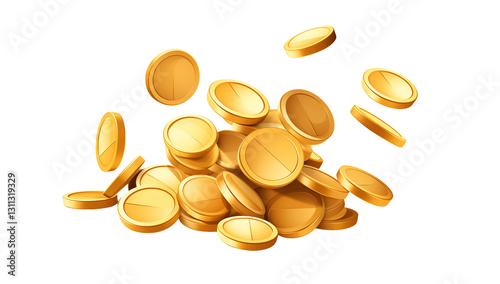 3D flying golden coins, isolated on transparent background