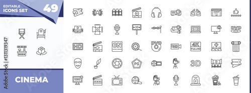 outline icons set - cinema concept. vector icons included director film chair, cinema chair and more.