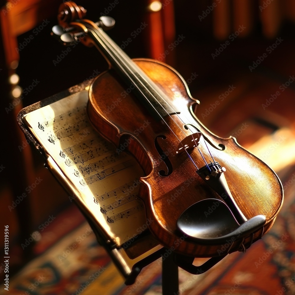 Fototapeta premium Antique violin rests on a stand with sheet music.