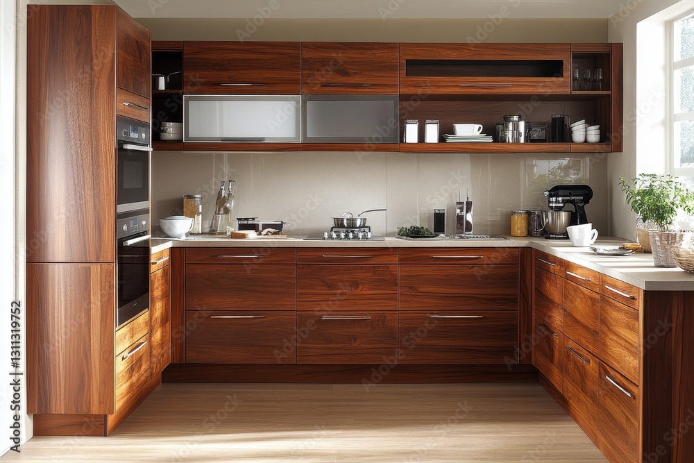 Modern walnut kitchen with built-in appliances. Ideal for interior design, home decor, or real estate websites. Modern walnut kitchen with built-in appliances. Ideal for interior design, home decor, or real estate websites.