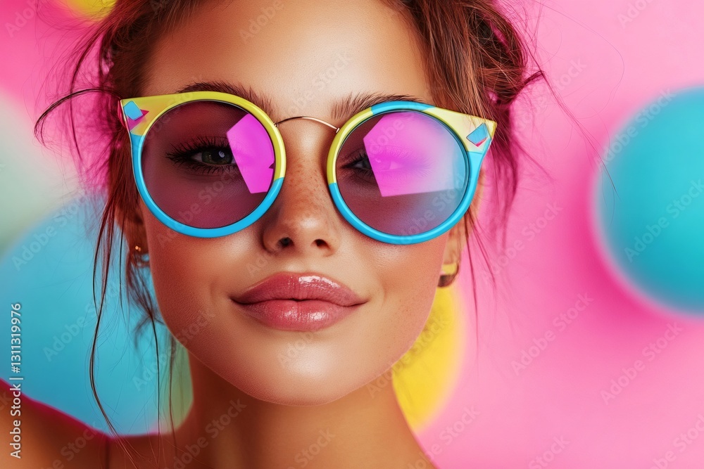 Fashion model wearing colorful sunglasses posing on vibrant background Fashion model wearing colorful sunglasses posing on vibrant background