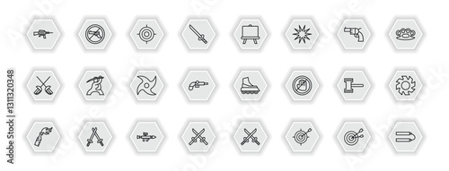 outline icons set - weapons concept. vector icons included hine gun, shooting target, boards, samurai and more.
