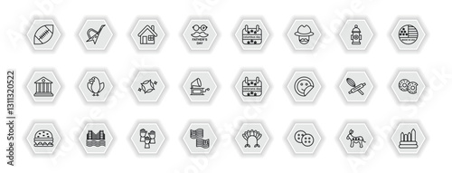 outline icons set - united states of america concept. vector icons included rugby, white house, columbus day, eagle and more.