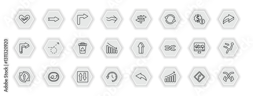 outline icons set - user interface concept. vector icons included ecologic heart, right turn, road, curly dotted arrow and more.