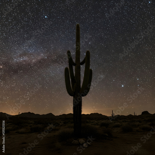 Giant saguaro cactus standing tall under starry desert sky