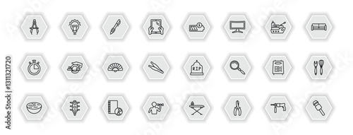 outline icons set - tools and utensils concept. vector icons included maths compass tool, writing tools, battery charging, power saw and more.