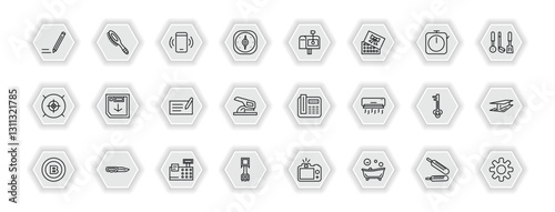 outline icons set - tools and utensils concept. vector icons included pencil tool, ringing, postage, face down floppy disk and more.
