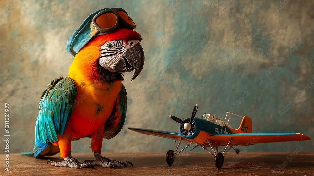 Naklejka premium Parrot wearing a pilot hat perched next to a toy airplane, aviation theme with space for text