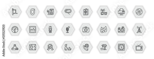outline icons set - technology concept. vector icons included straight air, entertainer, international passport, electrocardiogram line and more.