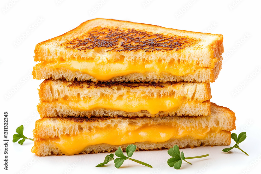 Stacked grilled cheese sandwich with clover garnish on a plain white background Stacked grilled cheese sandwich with clover garnish on a plain white background