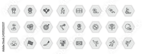 outline icons set - sports concept. vector icons included drift car, tennis game, basketball court, balls and more.