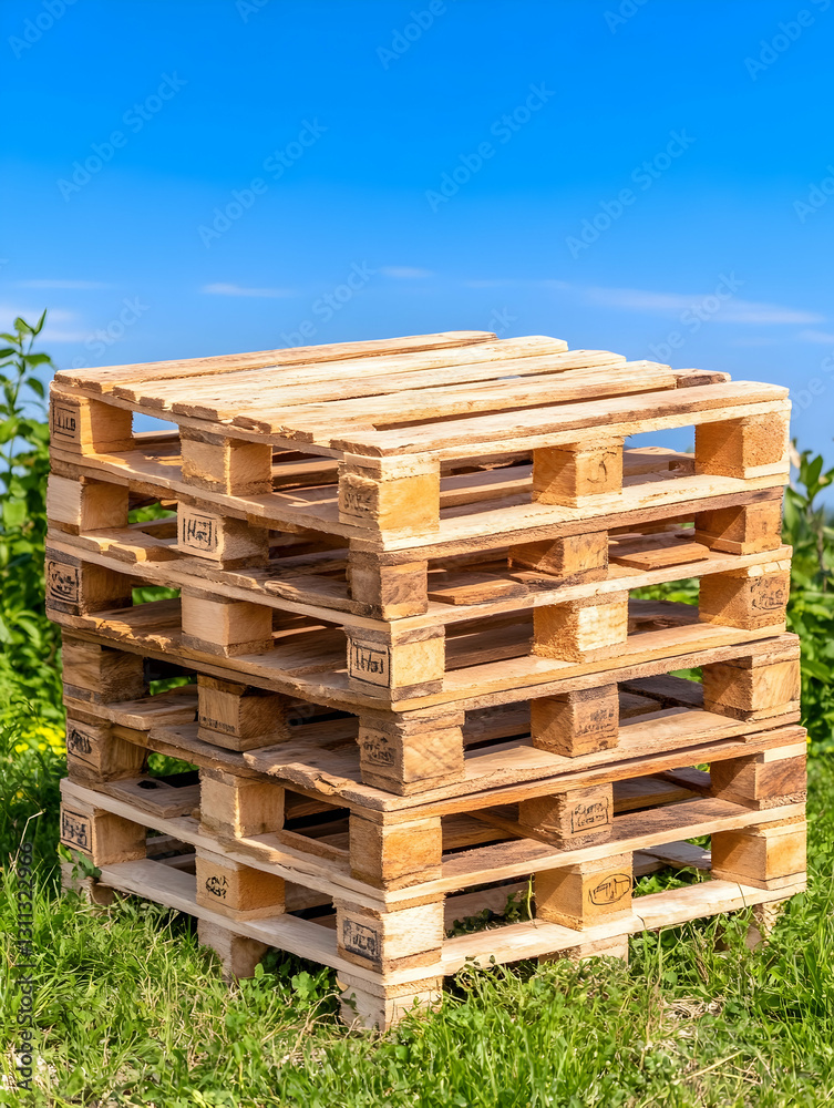 Stacked wood pallets outdoors on green grass with a bright blue sky backdrop Stacked wood pallets outdoors on green grass with a bright blue sky backdrop