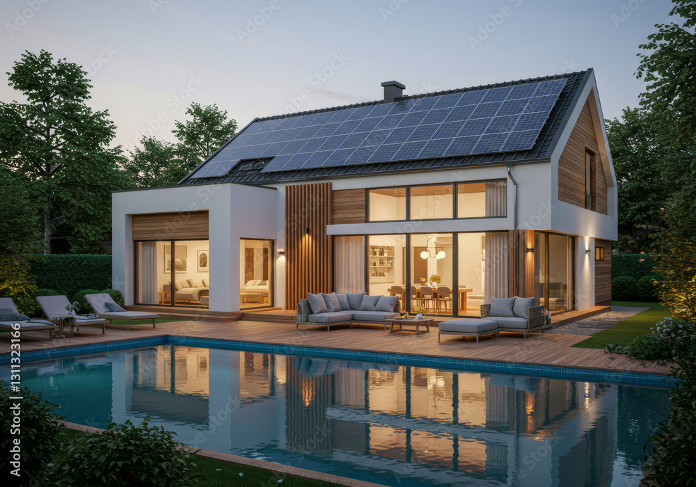 Fototapeta premium Solar panels on the roof of a modern house, Residential houses with Alternative and Renewable energy concept. Generative AI