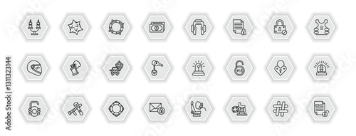 outline icons set - security concept. vector icons included candles light, lifesaving, boxing helmet, smoke grenade and more.
