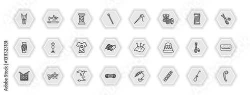 outline icons set - sew concept. vector icons included clothespin, cotton reel, needles, mannequin and more.