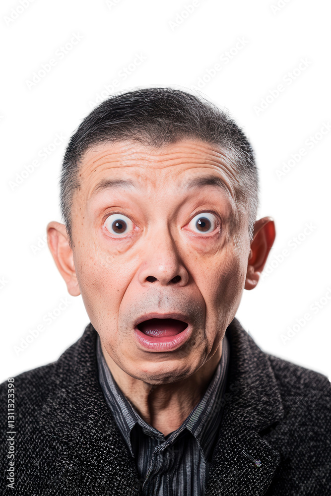 Surprised senior man expressing shock with open mouth and wide eyes, isolated on white background, emotion, reaction, elderly, portrait, facial expression. Surprised senior man expressing shock with open mouth and wide eyes, isolated on white background, emotion, reaction, elderly, portrait, facial expression.