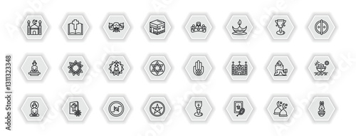 outline icons set - religion concept. vector icons included mosque, holy elephant, last supper, bahai and more.