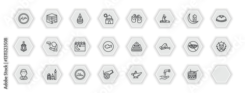 outline icons set - religion concept. vector icons included haram, ner tamid, muslim praying hands, islamic ghusl and more.