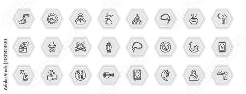 outline icons set - religion concept. vector icons included wudu, adhan call, small mosque, shower head and water and more.