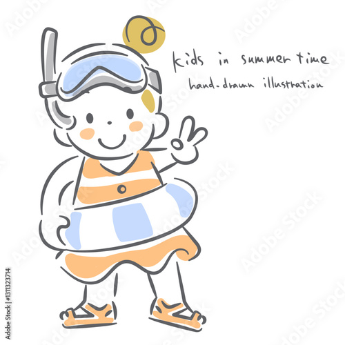 夏を楽しむこども達　手描き風のかわいい線画イラスト