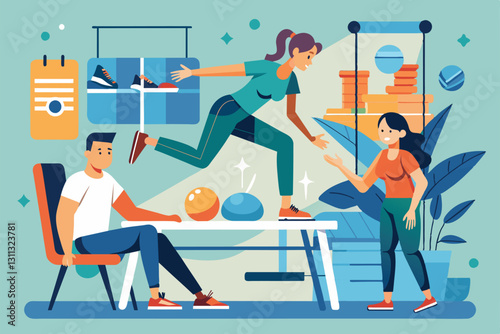 A patient performs a customizable physical therapy exercise with guidance from a therapist in a clinic, Physical therapy exercise Customizable Disproportionate Illustration