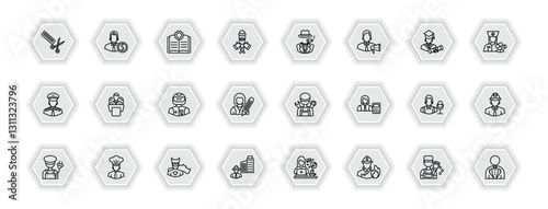 outline icons set - professions concept. vector icons included hairdresser, guide, mafia, politician and more.