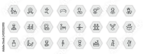 outline icons set - people concept. vector icons included chef cooking, happy man jumping, good employee, group of men running and more.
