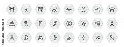 outline icons set - people concept. vector icons included police arresting man, meeting date, iying down, dancers and more.