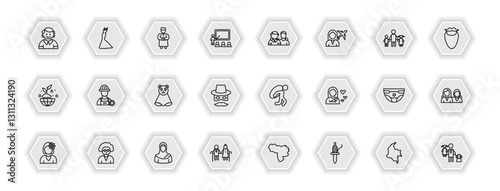 outline icons set - people concept. vector icons included small boy, qiyam, brothers, technician and more.