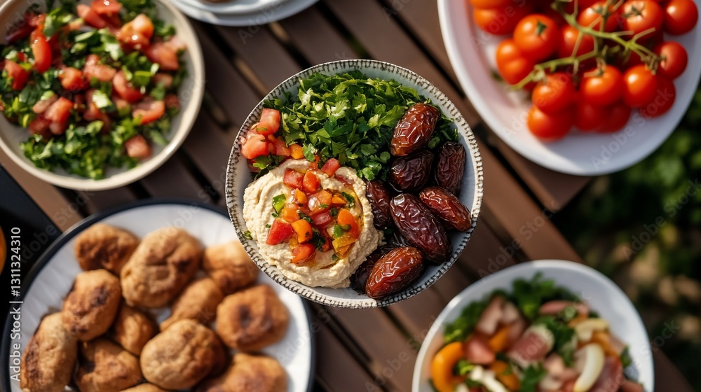 Delicious Middle Eastern Mezze Platter Overhead Shot Delicious Middle Eastern Mezze Platter Overhead Shot