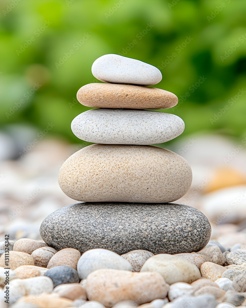 Stones stacked peacefully on beach with blurred green nature background, outside Stones stacked peacefully on beach with blurred green nature background, outside