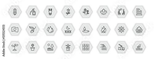 outline icons set - nature concept. vector icons included led bulb, flower bouquet, two roses, chestnut oak tree and more.