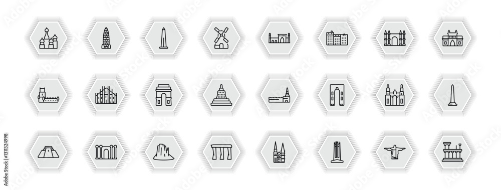 Fototapeta premium outline icons set - monuments concept. vector icons included russia, obelisk of bue aires, id kah mosque, milan cathedral and more.