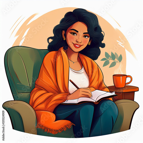 Illustration of Woman reading a book on a cozy couch in her living room.