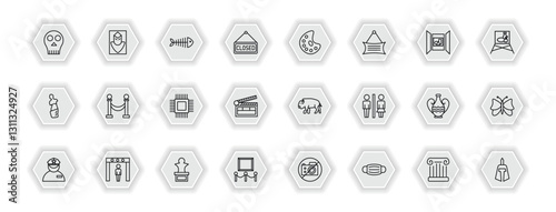 outline icons set - museum concept. vector icons included anthropology, fishbone, palette, museum fencing and more.