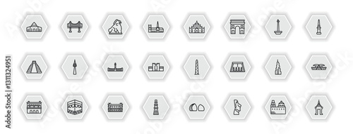 outline icons set - monuments concept. vector icons included dome of the rock, imperial guardian lion, thatbyinnyu temple, and more.