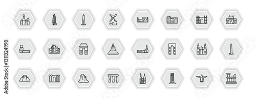 outline icons set - monuments concept. vector icons included russia, obelisk of bue aires, id kah mosque, milan cathedral and more.