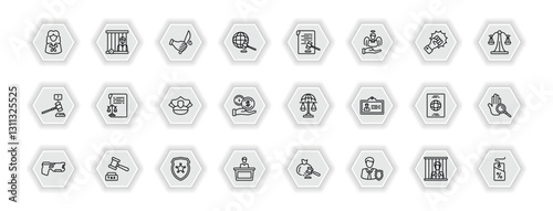outline icons set - law and justice concept. vector icons included attorney, murder, corporative law, documents and more.