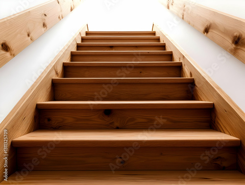 A modern wooden staircase ascending into bright light, showcasing minimalistic design and natural materials, inviting a sense of tranquility and warmth.
