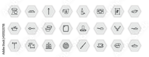 outline icons set - kitchen concept. vector icons included mixer, fork, olive oil, sugar sifter and more.