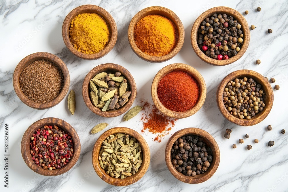 Colorful display of varied spices in wooden bowls creating a captivating culinary art on a marble surface. Generative AI Colorful display of varied spices in wooden bowls creating a captivating culinary art on a marble surface. Generative AI