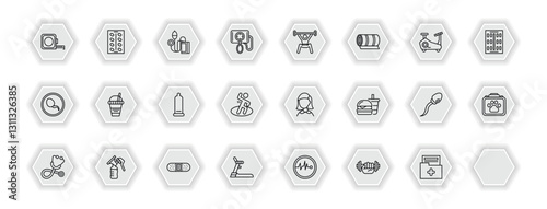 outline icons set - health and medical concept. vector icons included poisonous, medical strip, blood pressure gauge, spermatozoon and more.